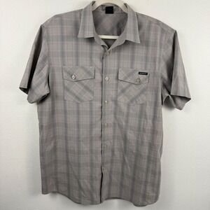 Oakley Mens Short Sleeve Button Down Plaid Shirt Grey Orange Size Large L‎
